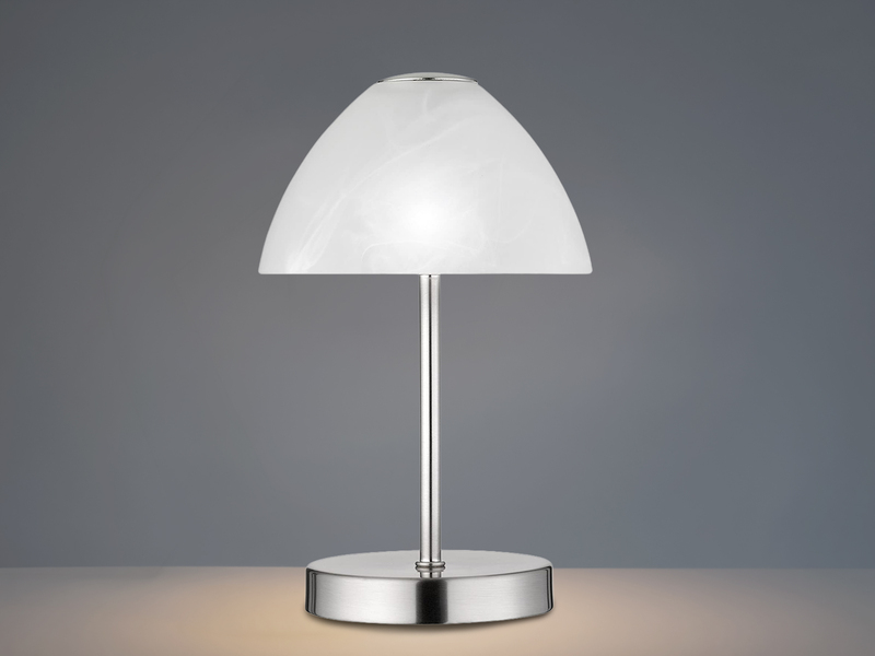 Kleine LED Tischlampe QUEEN dimmbar, Silber mit Glasschirm Weiß, Höhe 24cm