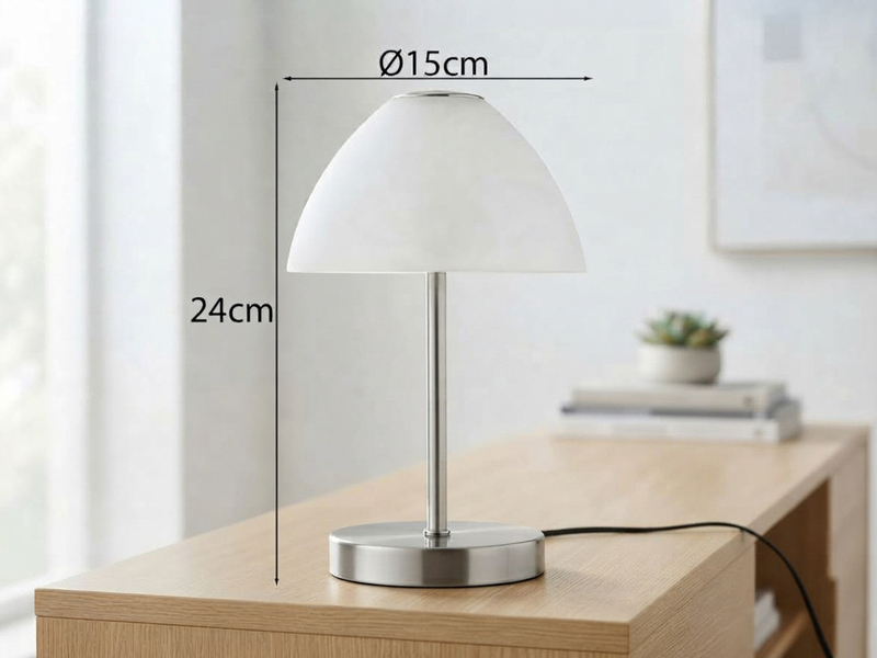 Kleine LED Tischlampe QUEEN dimmbar, Silber mit Glasschirm Weiß, Höhe 24cm