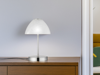 Kleine LED Tischlampe QUEEN dimmbar, Silber mit Glasschirm Weiß, Höhe 24cm