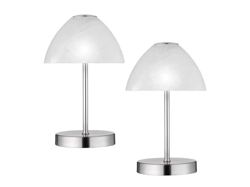 2-er SET kleine LED Tischlampen dimmbar, Silber mit Glasschirm Weiß, Höhe 24cm