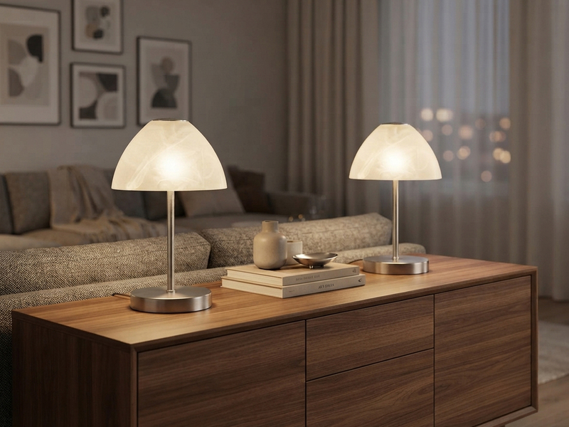 2-er SET kleine LED Tischlampen dimmbar, Silber mit Glasschirm Weiß, Höhe 24cm