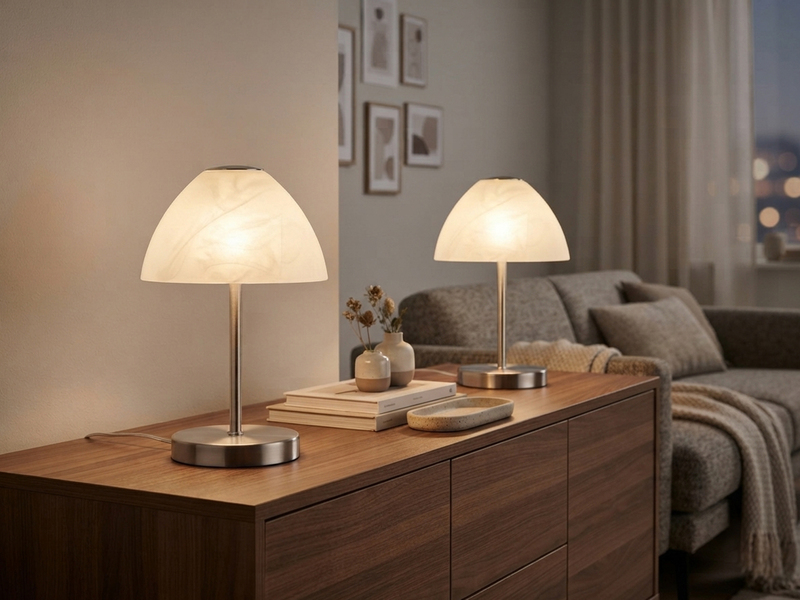 2-er SET kleine LED Tischlampen dimmbar, Silber mit Glasschirm Weiß, Höhe 24cm