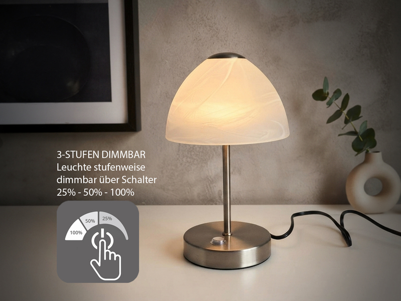 2-er SET kleine LED Tischlampen dimmbar, Silber mit Glasschirm Weiß, Höhe 24cm