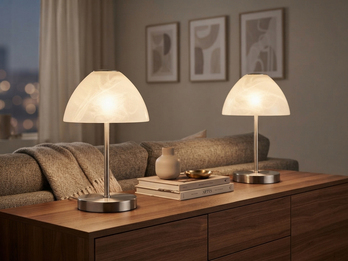 2-er SET kleine LED Tischlampen dimmbar, Silber mit Glasschirm Weiß, Höhe 24cm 2-er SET kleine LED Tischlampen dimmbar, Silber mit Glasschirm Weiß, Höhe 24cm