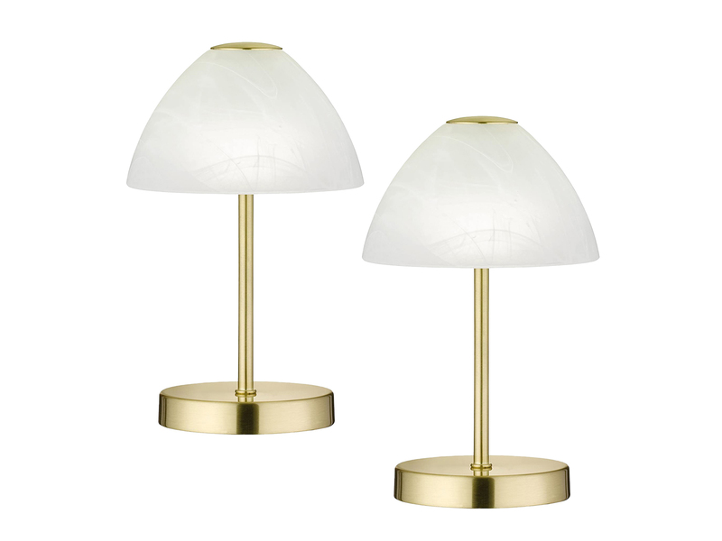 2-er SET kleine LED Tischlampen dimmbar, Messing mit Glasschirm Weiß, Höhe 24cm