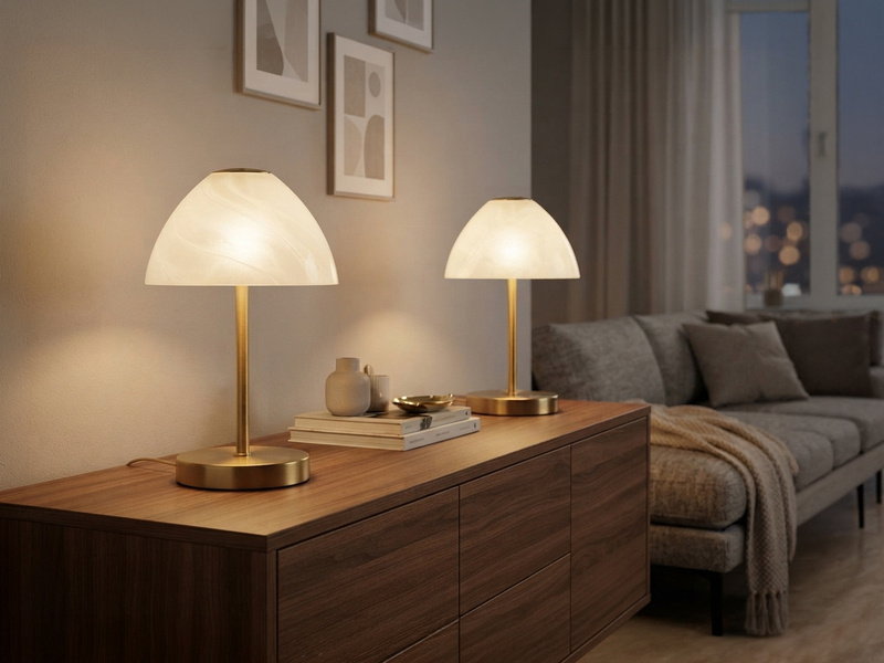 2-er SET kleine LED Tischlampen dimmbar, Messing mit Glasschirm Weiß, Höhe 24cm