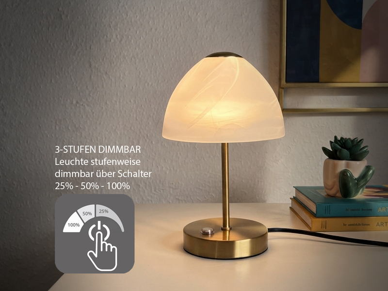 2-er SET kleine LED Tischlampen dimmbar, Messing mit Glasschirm Weiß, Höhe 24cm