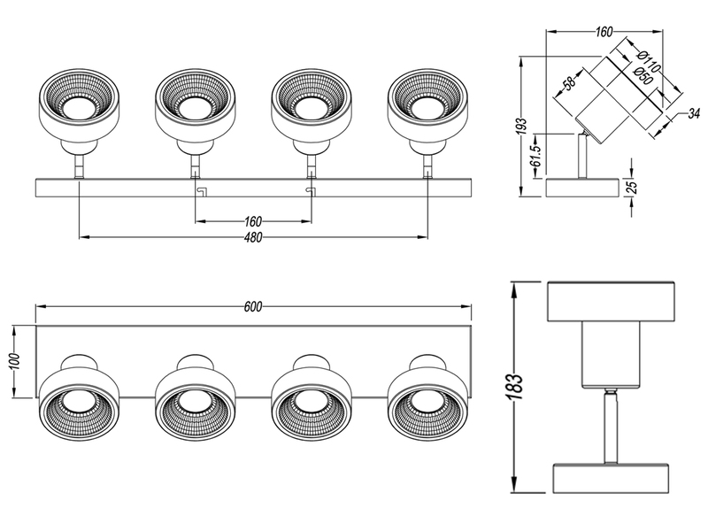 Retro LED Deckenstrahler 4 flammig Silber Spots schwenkbar