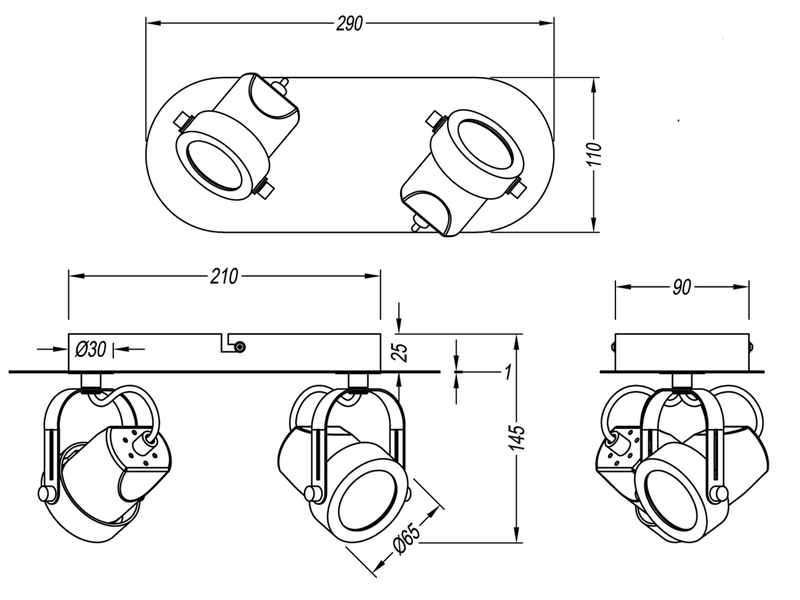 Retro Deckenstrahler GOA 2 flammig Schwarz Spots schwenkbar