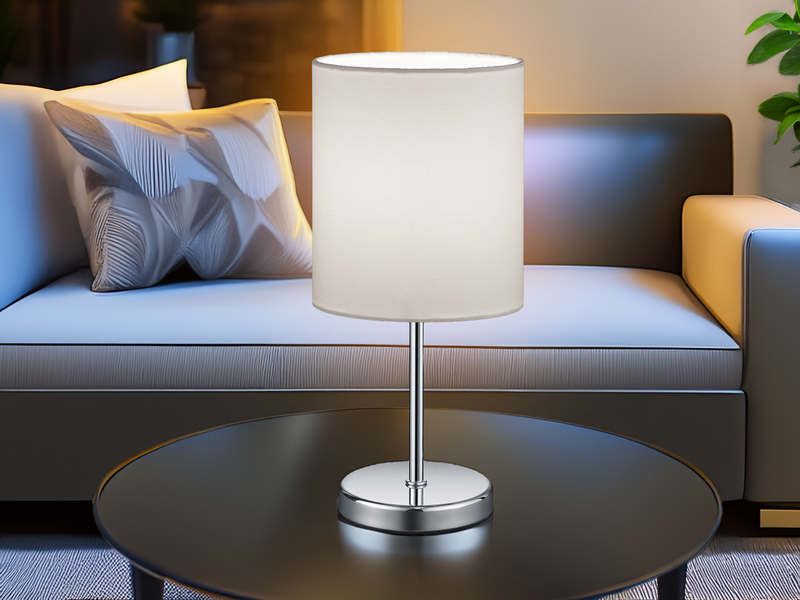 LED Tischleuchte Chrom mit Stoffschirm in Weiß, Höhe 28cm