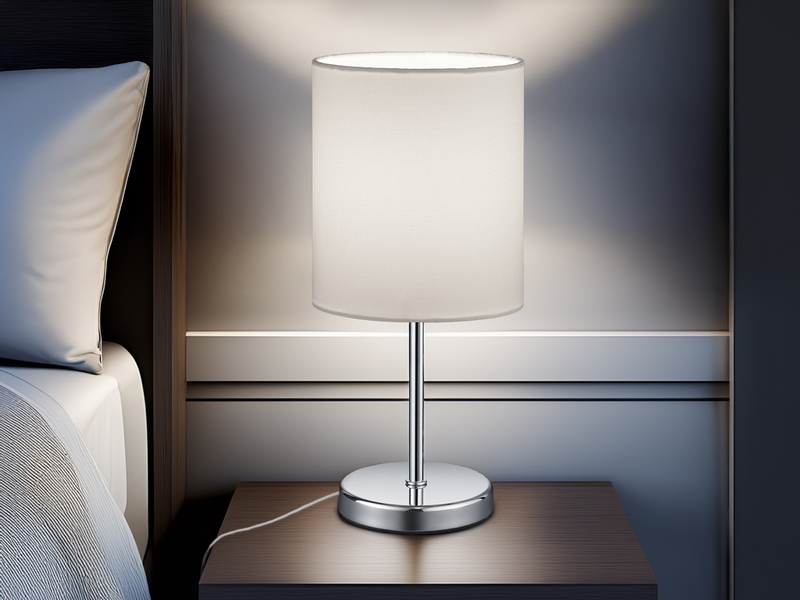 LED Tischleuchte Chrom mit Stoffschirm in Weiß, Höhe 28cm