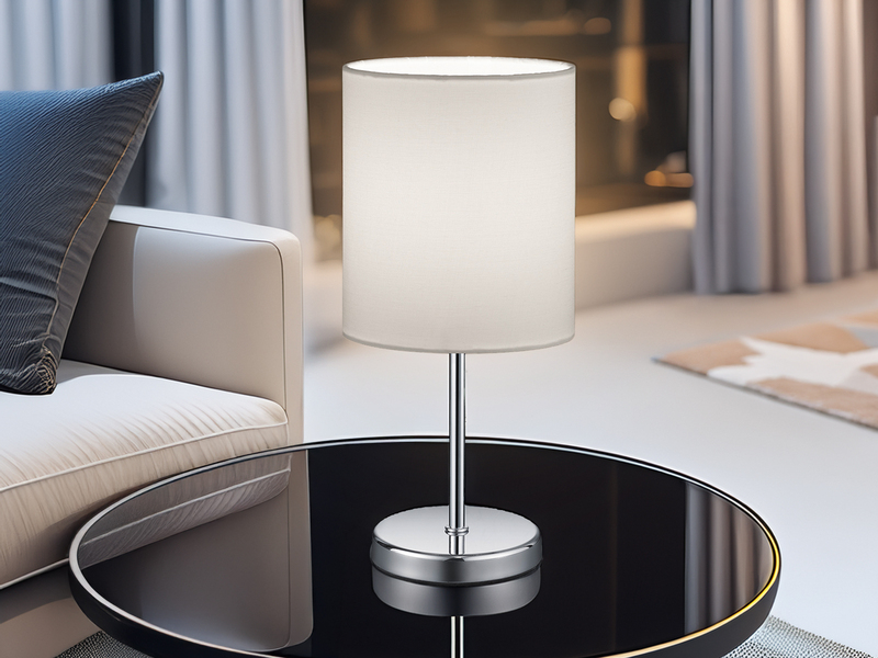 LED Tischleuchte Chrom mit Stoffschirm in Weiß, Höhe 28cm