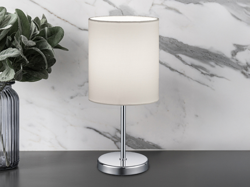 LED Tischleuchte Chrom mit Stoffschirm in Weiß, Höhe 28cm