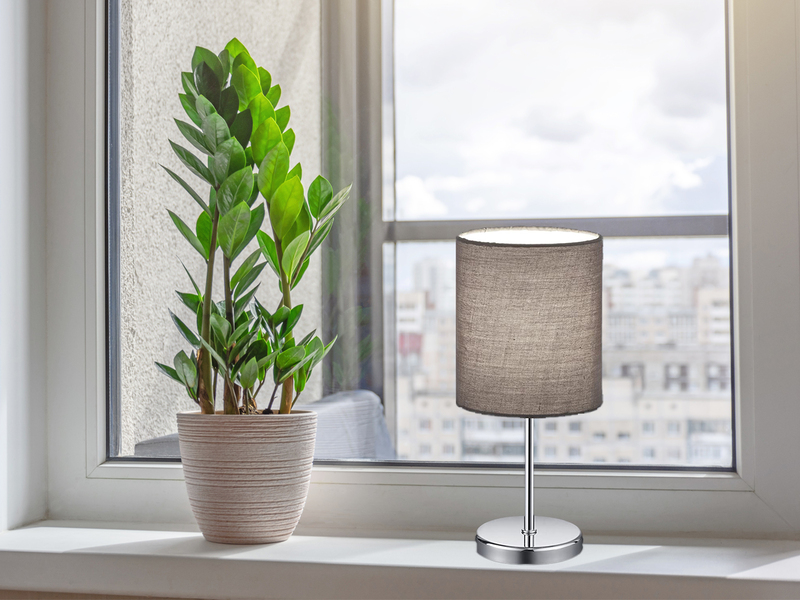 LED Tischleuchte Chrom mit Stoffschirm in Grau, Höhe 28cm