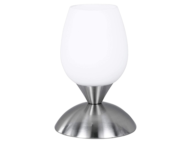 LED Tischleuchte Glasschirm Weiß, Sockel Silber - Touch dimmbar, Höhe 18cm