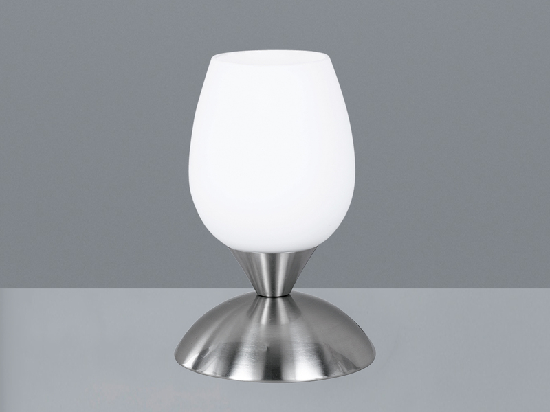 LED Tischleuchte Glasschirm Weiß, Sockel Silber - Touch dimmbar, Höhe 18cm