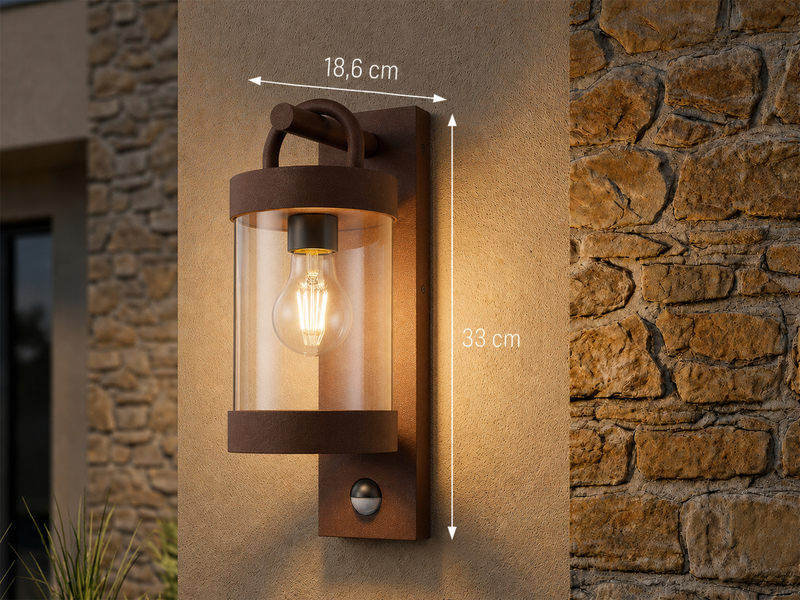 LED Außenwandleuchte mit Bewegungsmelder, Laterne Rostoptik, Höhe 33cm