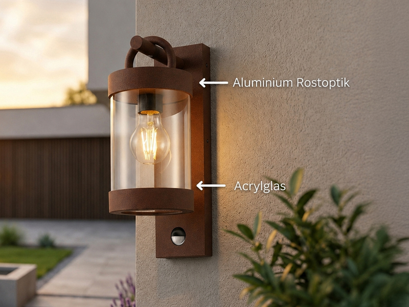 LED Außenwandleuchte mit Bewegungsmelder, Laterne Rostoptik, Höhe 33cm