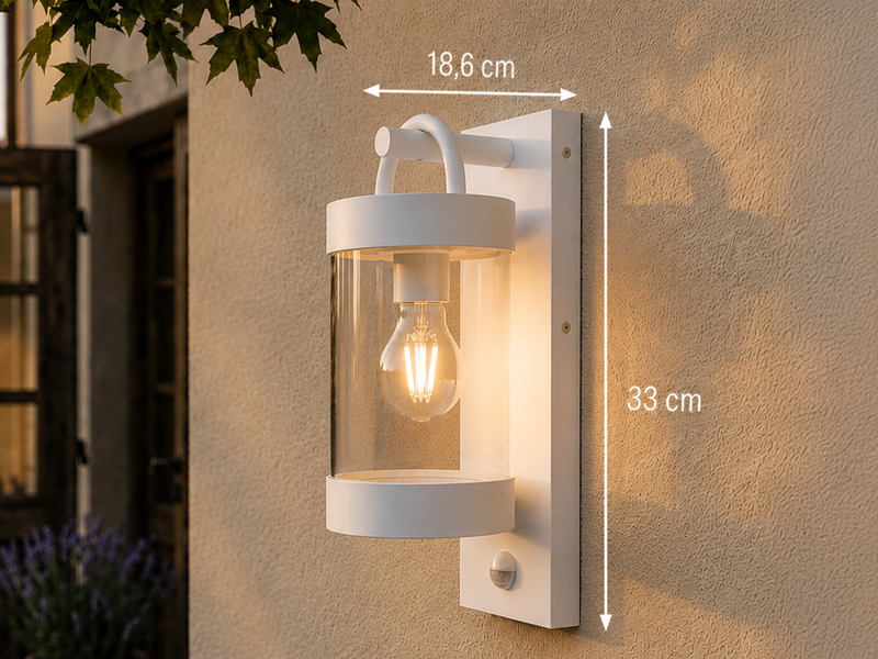 LED Außenwandleuchte mit Bewegungsmelder, Laterne Weiß, Höhe 33cm