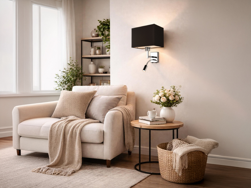 Wandleuchte CAIMA mit Schalter, LED Leselampe & Stoffschirm Schwarz, Höhe 31cm