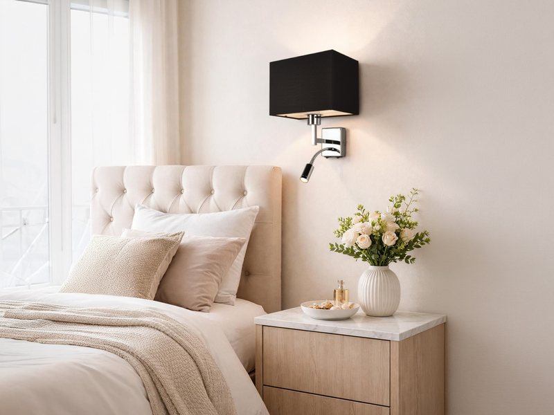 Wandleuchte CAIMA mit LED Leselampe & Stoffschirm Schwarz, Höhe 31cm
