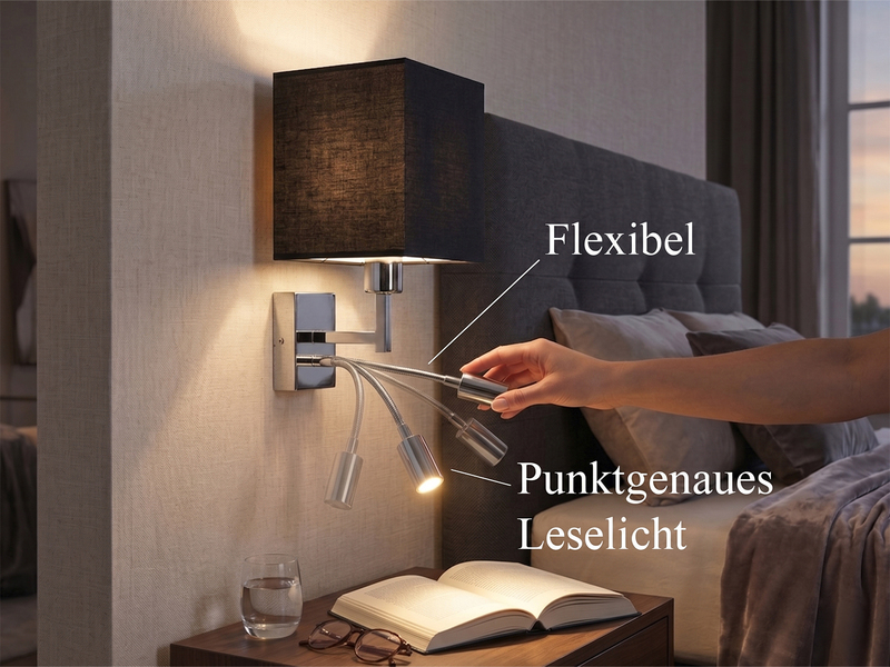 Wandleuchte CAIMA mit Schalter, LED Leselampe & Stoffschirm Schwarz, Höhe 31cm