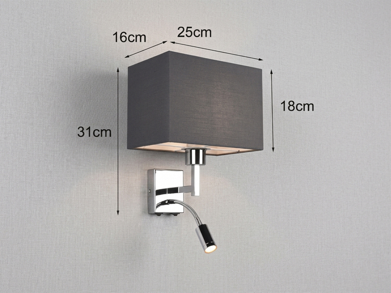 Wandleuchte CAIMA mit Schalter, LED Leselampe & Stoffschirm Grau, Höhe 31cm