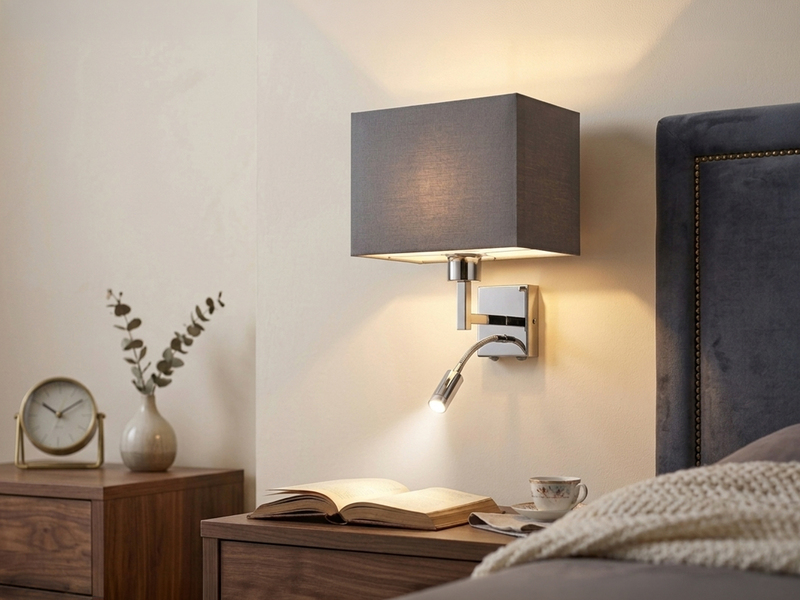 Wandleuchte CAIMA mit Schalter, LED Leselampe & Stoffschirm Grau, Höhe 31cm
