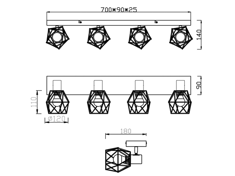 Industrial Deckenstrahler NARDA 4-flammig E14 in Rost-Optik, Breite 70cm