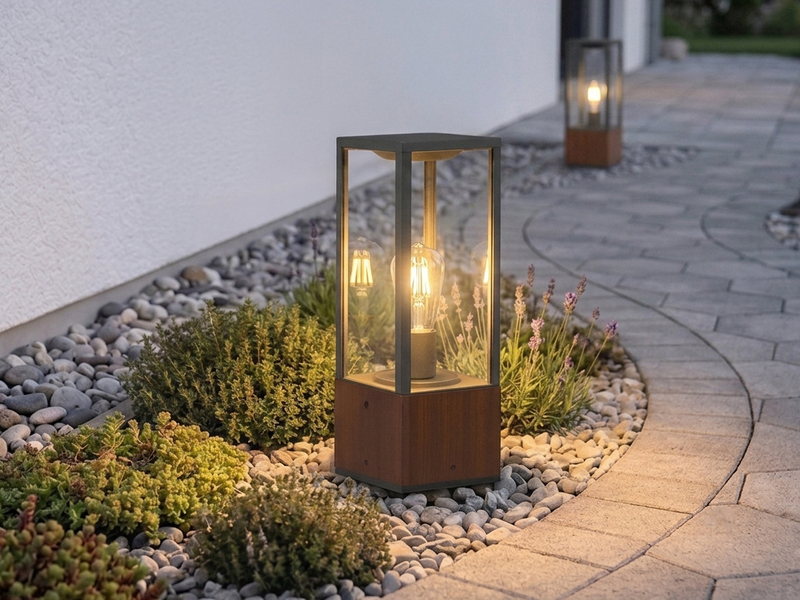 LED Sockelleuchte aus Naturholz mit Aluminium in Anthrazit Höhe 40cm