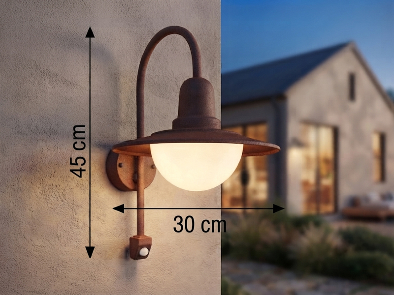 Außenwandleuchte mit Bewegungsmelder & E27 LED Landhausstil Rostoptik, Höhe 45cm