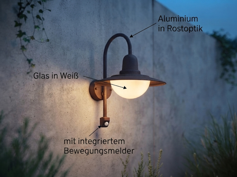 Außenwandleuchte mit Bewegungsmelder & E27 LED Landhausstil Rostoptik, Höhe 45cm