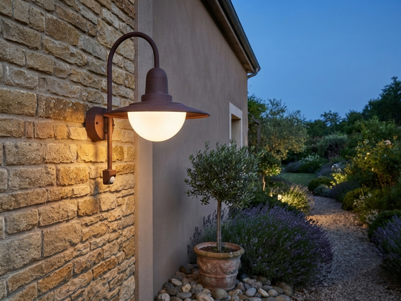Außenwandleuchte mit Bewegungsmelder & E27 LED Landhausstil Rostoptik, Höhe 45cm