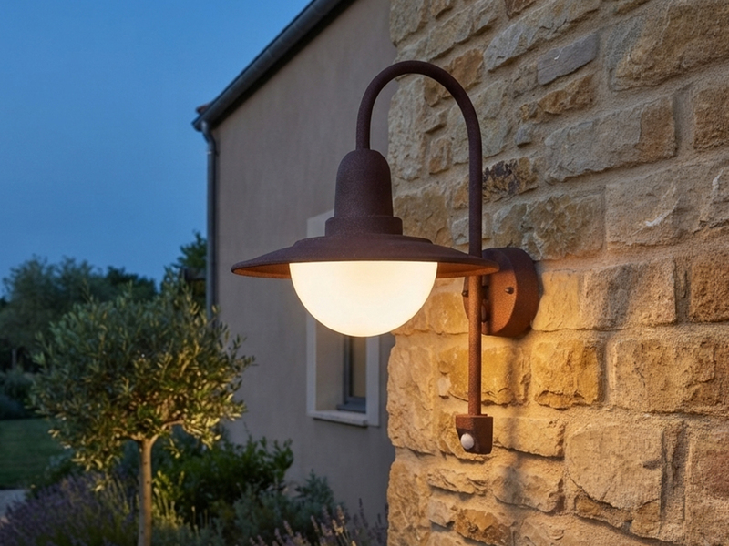 Außenwandleuchte mit Bewegungsmelder & E27 LED Landhausstil Rostoptik, Höhe 45cm