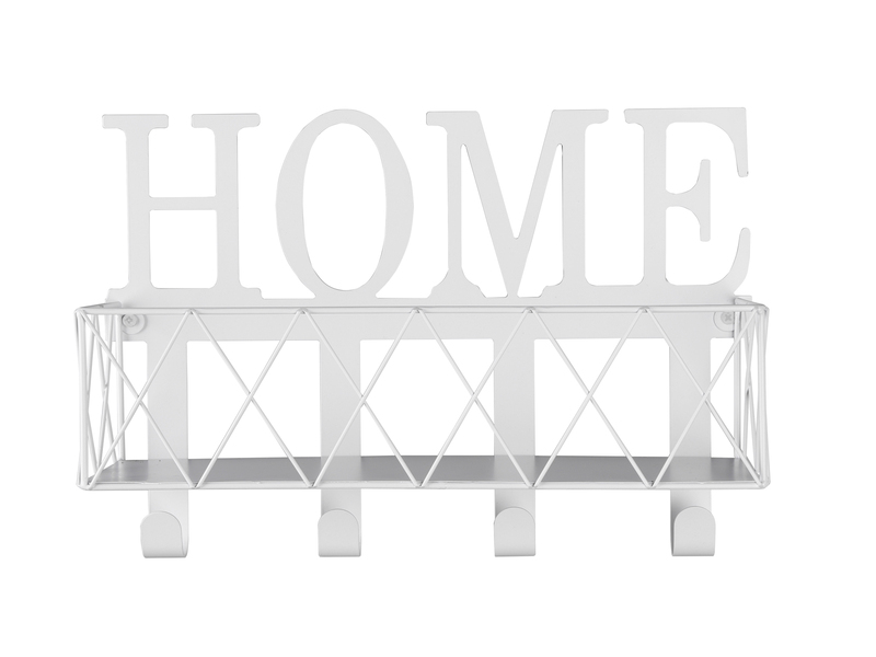 Wandkorb SALLY mit Haken & Home Motiv aus Metall Weiß 40x27cm