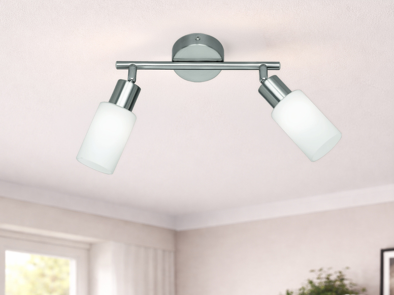 LED Deckenstrahler 2-flammig Silber mit Glas Lampenschirmen Weiß, Breite 25cm