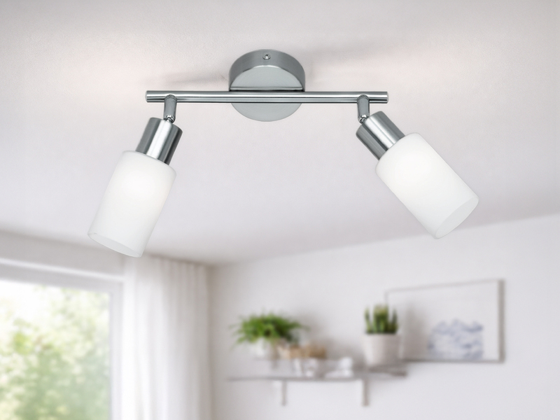 LED Deckenstrahler 2-flammig Silber mit Glas Lampenschirmen Weiß, Breite 25cm