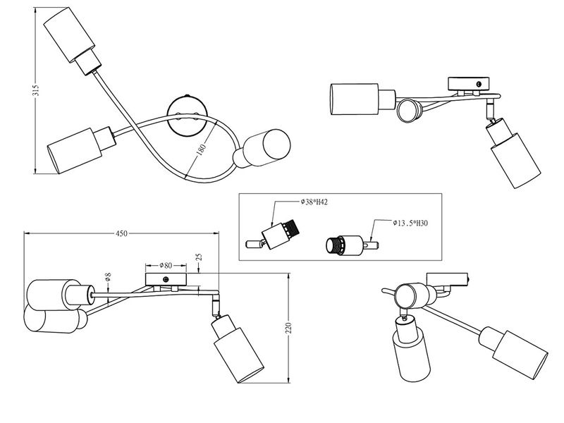 LED Deckenstrahler 3-flammig Silber mit Glas Lampenschirmen Weiß, Breite 45cm
