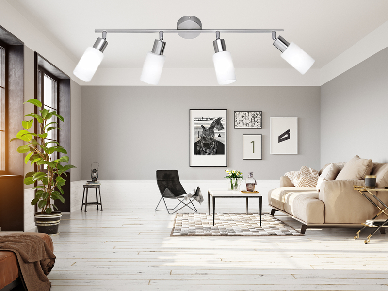 LED Deckenstrahler 4-flammig Silber mit Glas Lampenschirmen Weiß, Breite 60cm