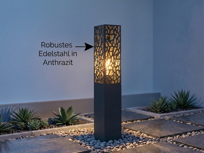 Wegeleuchte Edelstahl in Anthrazit mit E27 LED & Dekorstanzung, Höhe 60cm