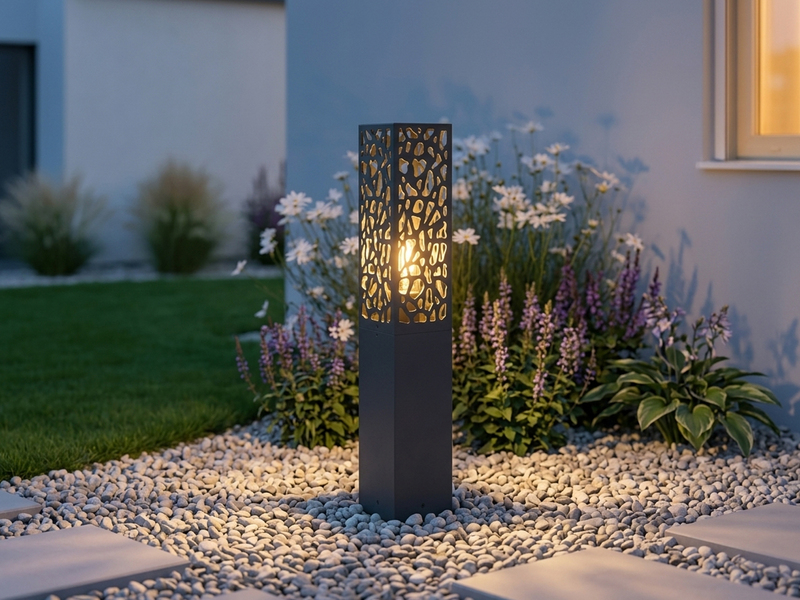 Wegeleuchte Edelstahl in Anthrazit mit E27 LED & Dekorstanzung, Höhe 60cm