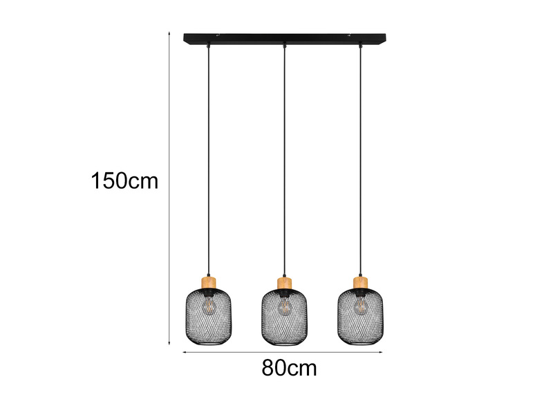 LED Pendelleuchte 3 flammig Metall Gitterschirm schwarz 80cm breit, Ø 18cm