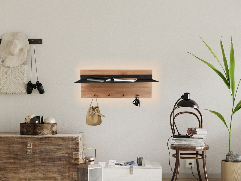 LED Holz Wandgarderoben SET mit/ohne Metallablage schwarz & Haken