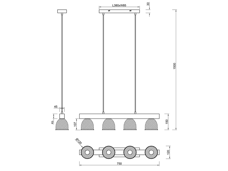 Pendelleuchte CESTINO 4 flammig Materialmix Holzbalken & Metall, 75cm breit