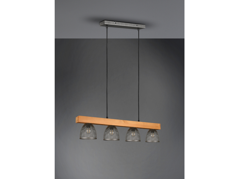 LED Pendelleuchte 4 flammig mit Holzbalken & Metall, 75cm