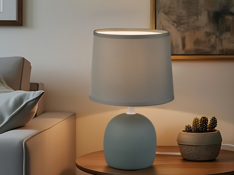 Kleine Tischlampe MALU mit Keramikfuß & Stoffschirm Blau Grau, Höhe 26cm
