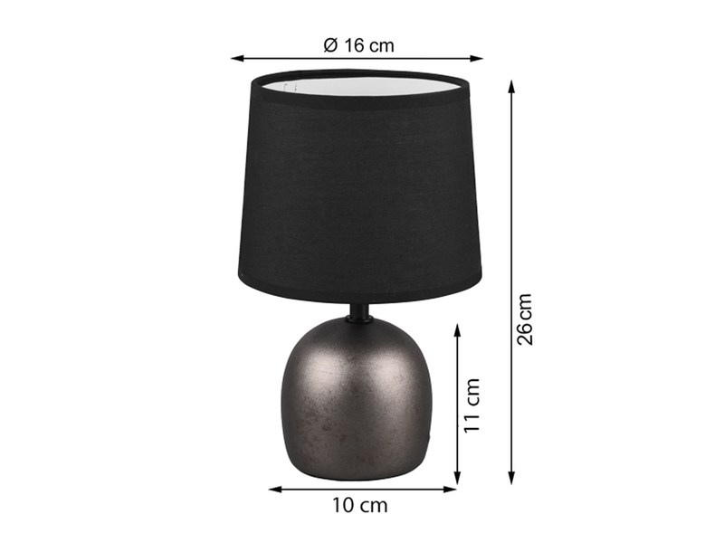 LED Tischleuchte Keramikfuß Silber & Stoffschirm Schwarz, Ø16cm Höhe 26cm