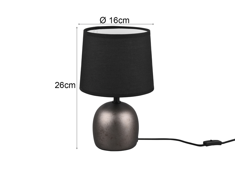 LED Tischleuchte Keramikfuß Silber & Stoffschirm Schwarz, Höhe 26cm