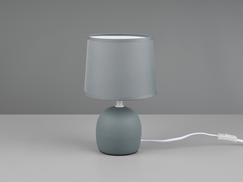Kleine LED Tischleuchte mit Keramikfuß & Stoffschirm Blau Grau, Höhe 26cm