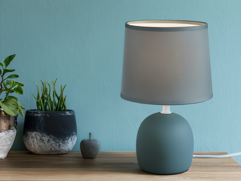 Kleine LED Tischleuchte mit Keramikfuß & Stoffschirm Blau Grau, Höhe 26cm